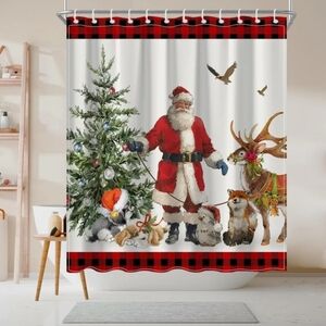 NEW Festive Santa Reindeer Puppy Shower Curtain Christmas Holiday w/hooks 🎅🎄🫎